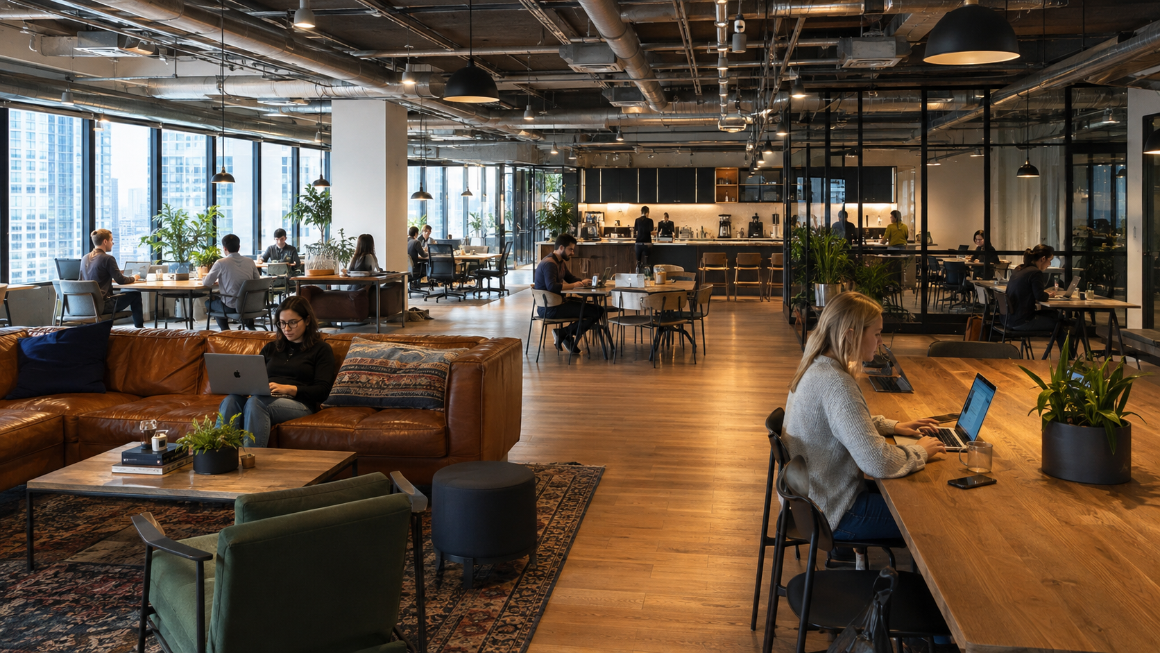 An open-plan workspace with timber floors and warm lighting, people working at shared tables